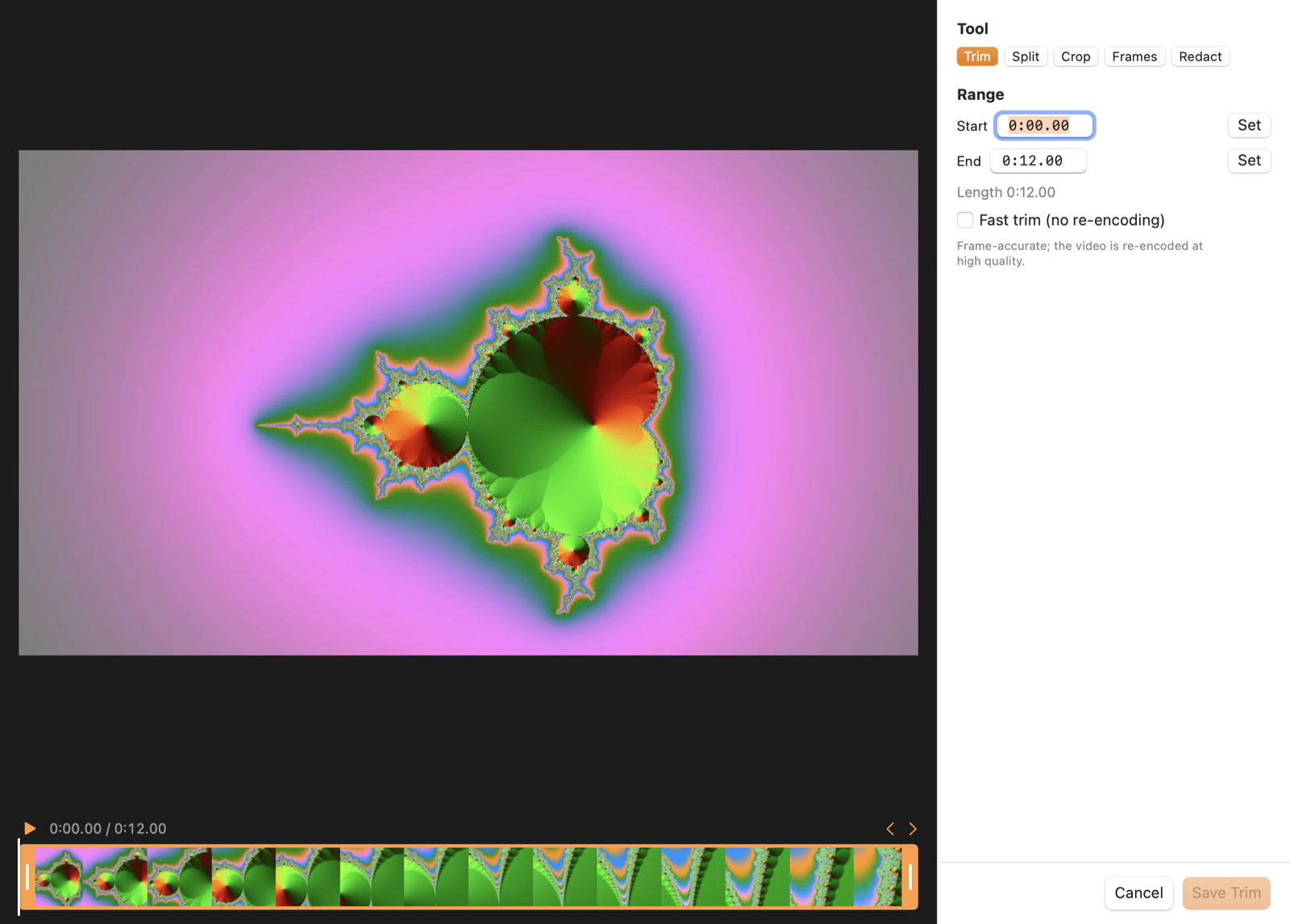 Clementine’s video editor with a timeline, trim handles and tools for split, crop, frames and redact